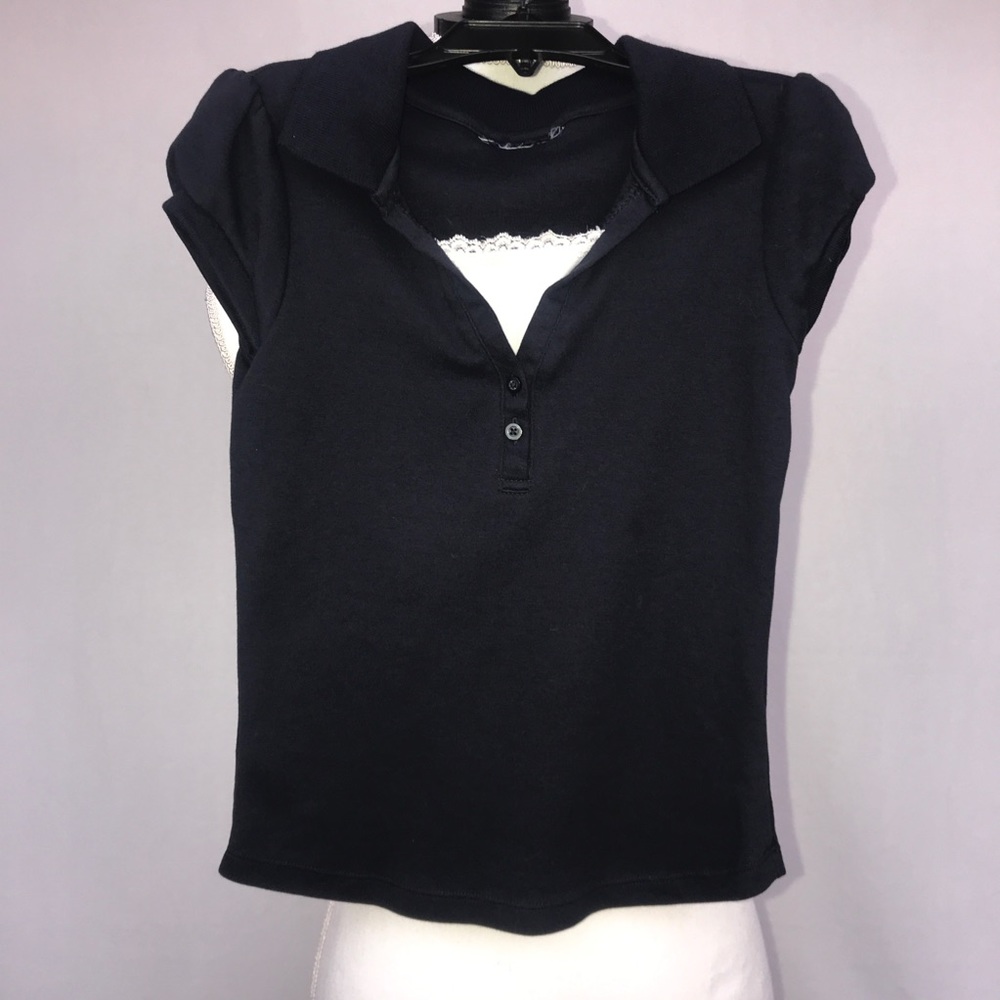 Girls Cap Sleeve Navy Top w White Lace Trim Insert